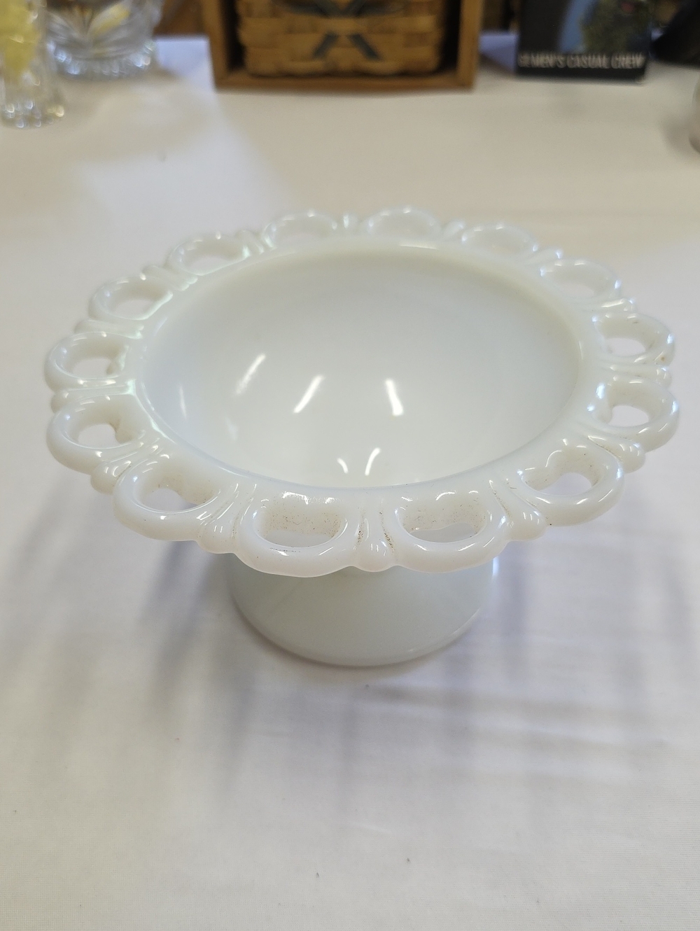 Vintage Anchor Hocking "Old Colony" Milk Glass Pedestal Lace Edge Bowl